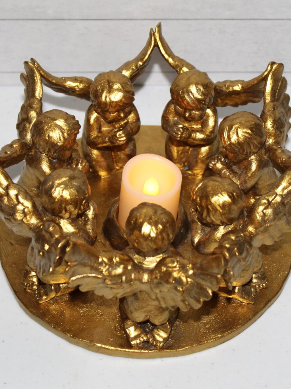 Vintage Circle of Praying Winged Cherubs Angels- Gold Resin Candle Holder -